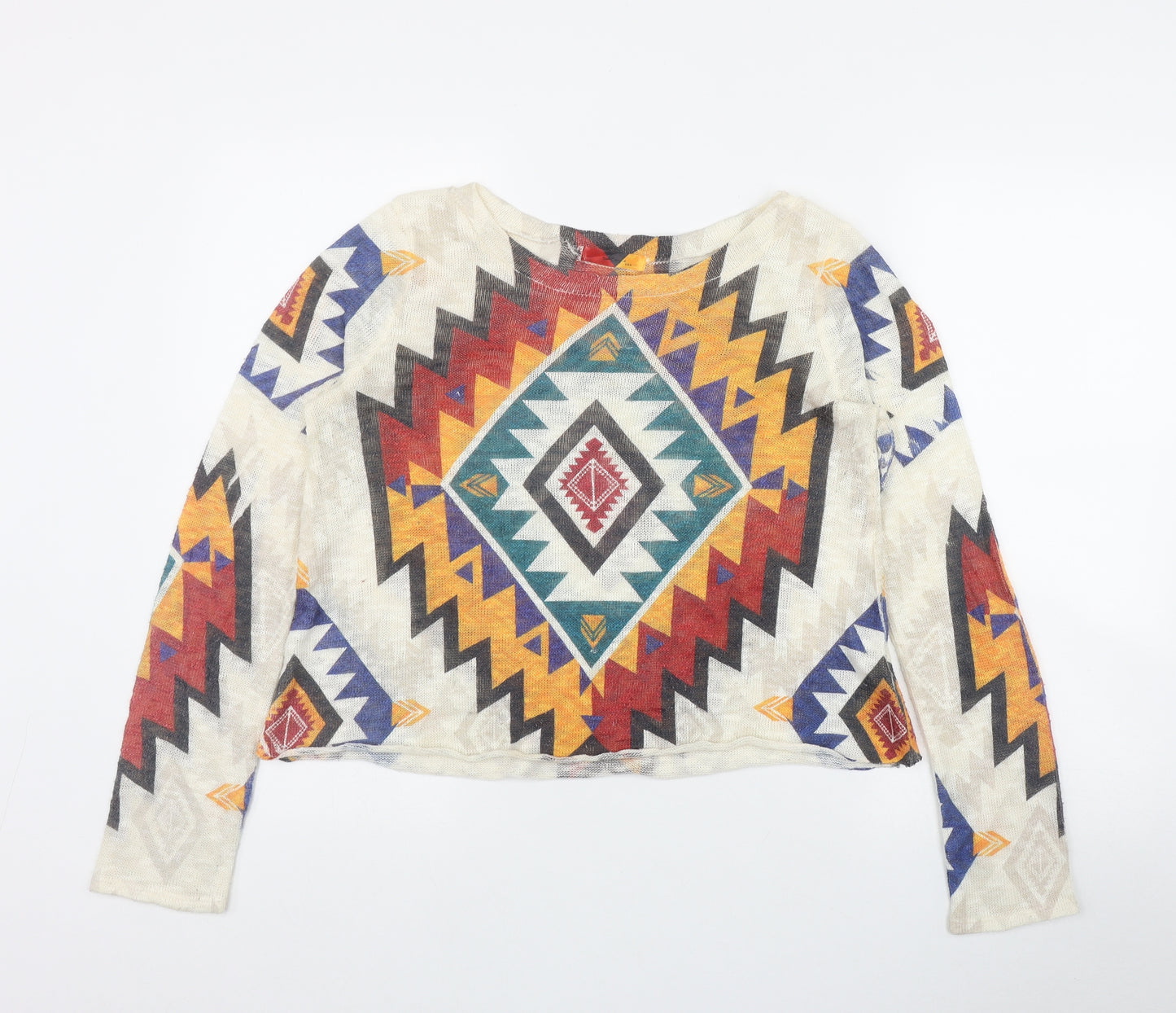 GAZE Womens White Round Neck Geometric Polyester Pullover Jumper Size L