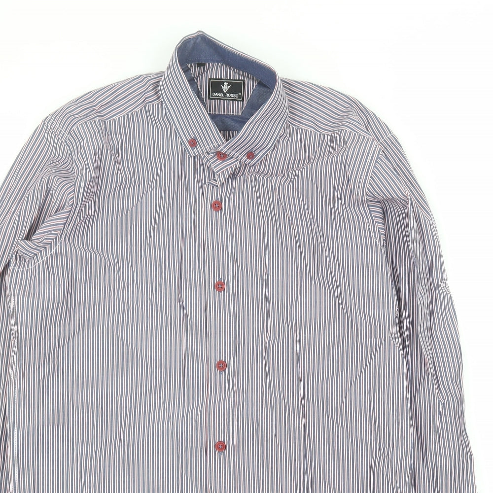Daniel Rosso Mens Blue Striped Cotton  Button-Up Size M Collared Button