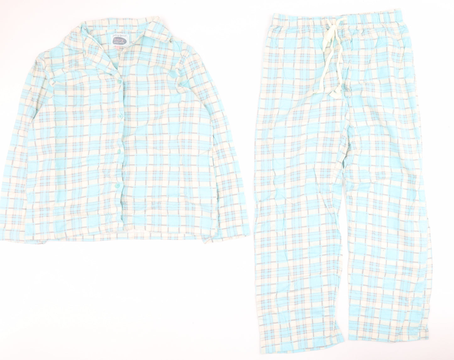 Luxury Loungewear Womens Blue Plaid 100% Cotton Top Pyjama Set Size S  Button