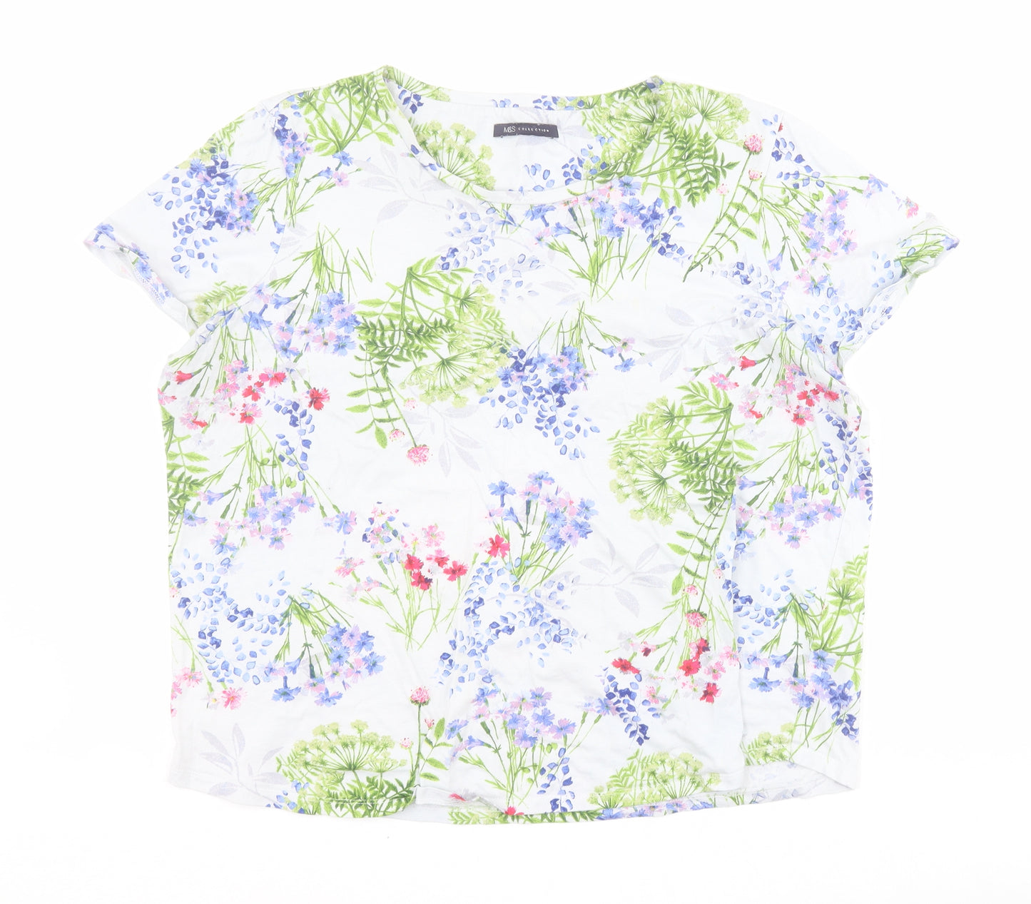 Marks and Spencer Womens Blue Floral 100% Cotton Basic T-Shirt Size 16 Round Neck