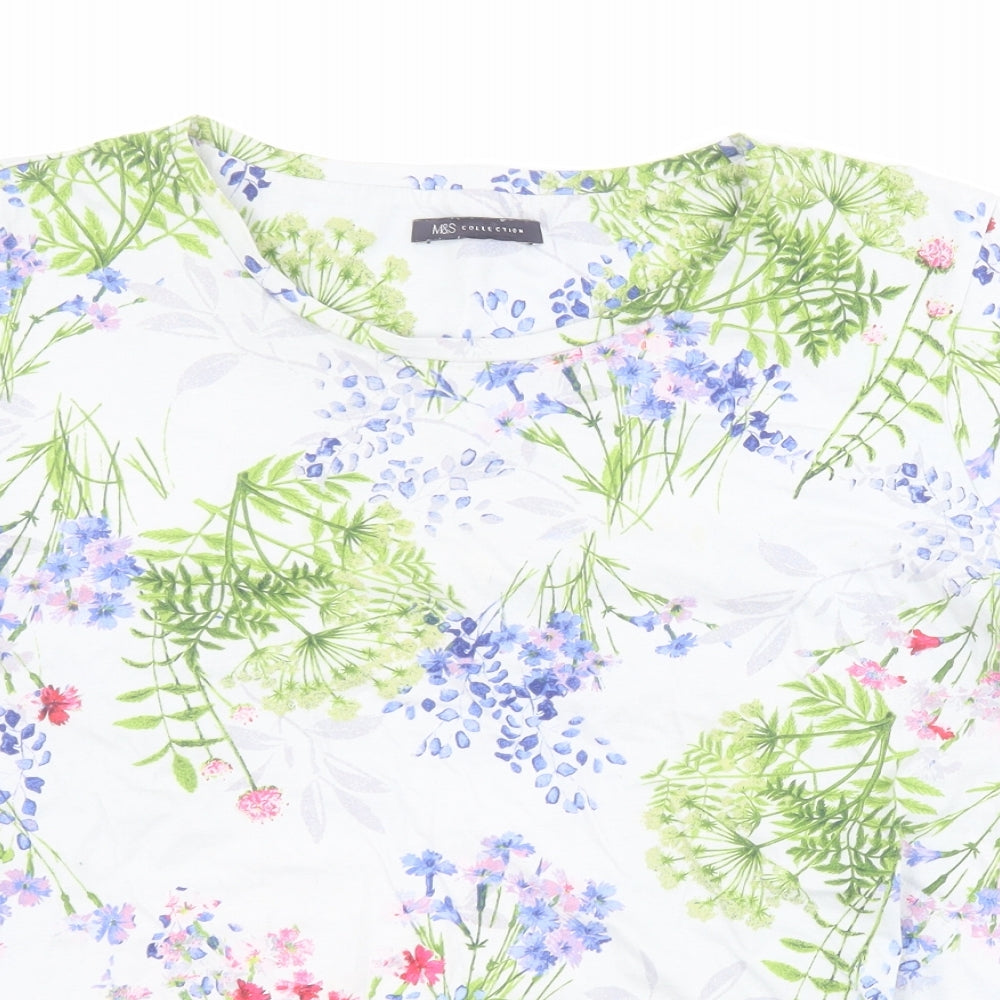 Marks and Spencer Womens Blue Floral 100% Cotton Basic T-Shirt Size 16 Round Neck