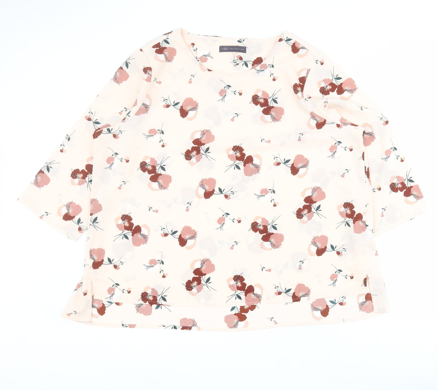 Marks and Spencer Womens Beige Floral Polyester Basic Blouse Size 20 Round Neck
