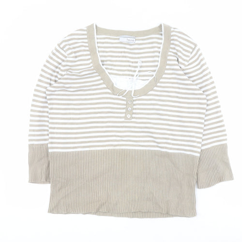 HEINE Womens Beige Scoop Neck Striped 100% Cotton Pullover Jumper Size 14