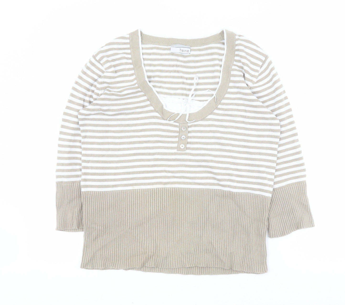 HEINE Womens Beige Scoop Neck Striped 100% Cotton Pullover Jumper Size 14