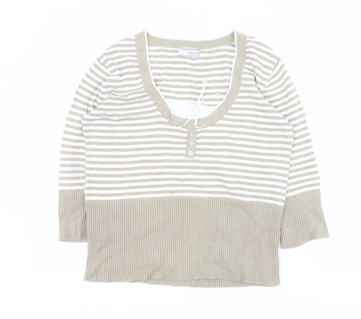 HEINE Womens Beige Scoop Neck Striped 100% Cotton Pullover Jumper Size 14