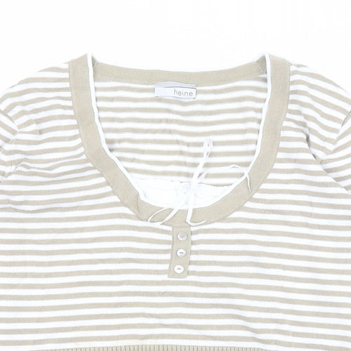HEINE Womens Beige Scoop Neck Striped 100% Cotton Pullover Jumper Size 14
