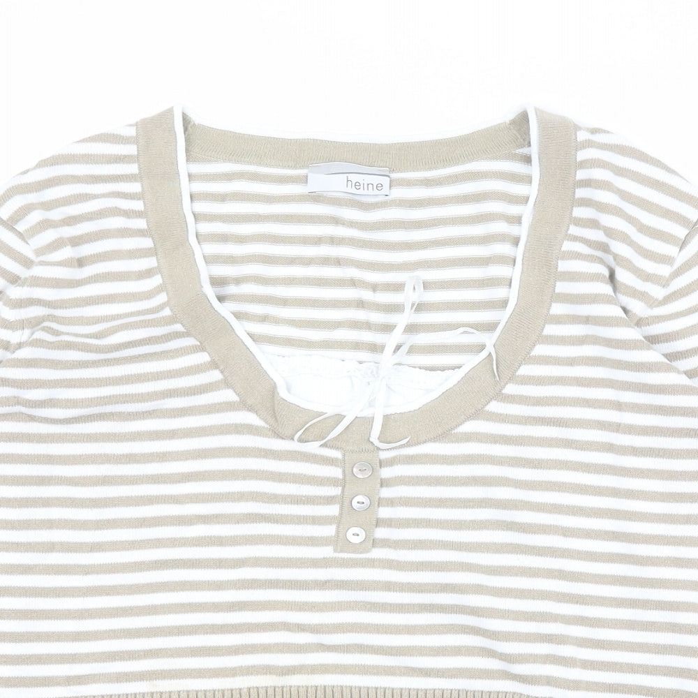 HEINE Womens Beige Scoop Neck Striped 100% Cotton Pullover Jumper Size 14