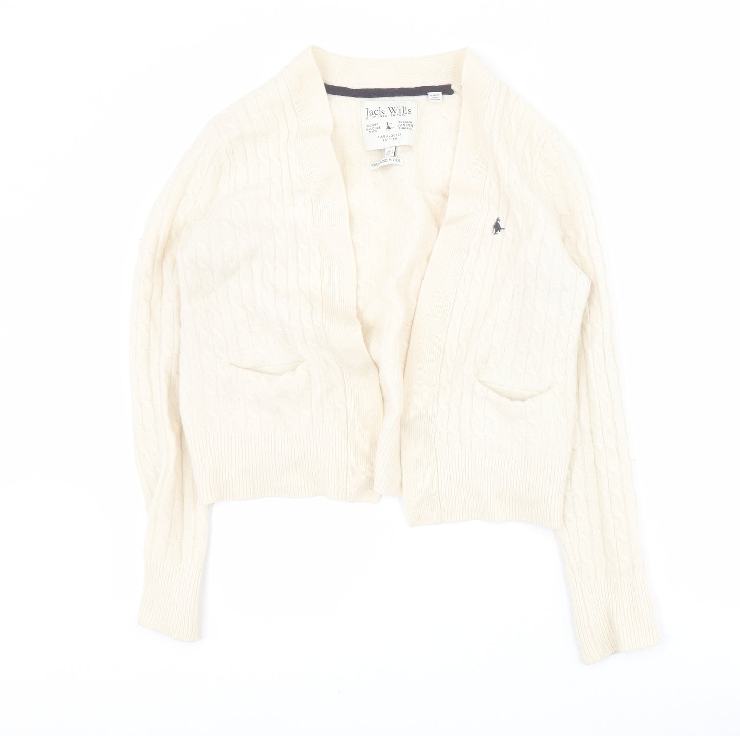 Jack Wills Womens White V-Neck  Wool Cardigan Jumper Size 6