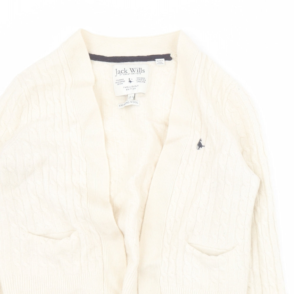 Jack Wills Womens White V-Neck  Wool Cardigan Jumper Size 6