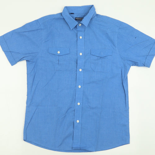 Premier MAN Mens Blue  Polyester  Button-Up Size M Collared Button