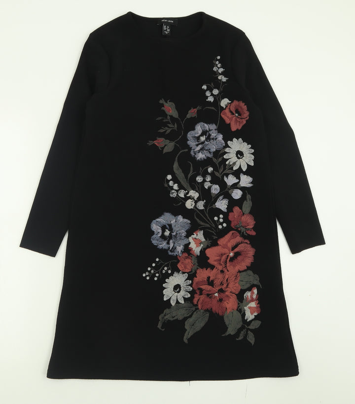 New Look Womens Black Floral Polyester A-Line  Size 10  Crew Neck Pullover