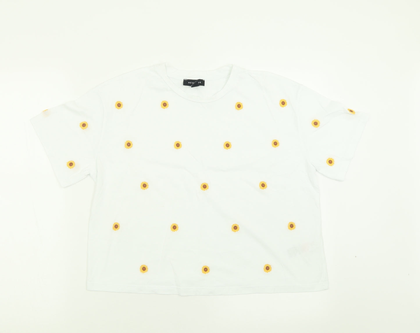 New Look Womens White Floral Cotton Cropped T-Shirt Size 12 Crew Neck