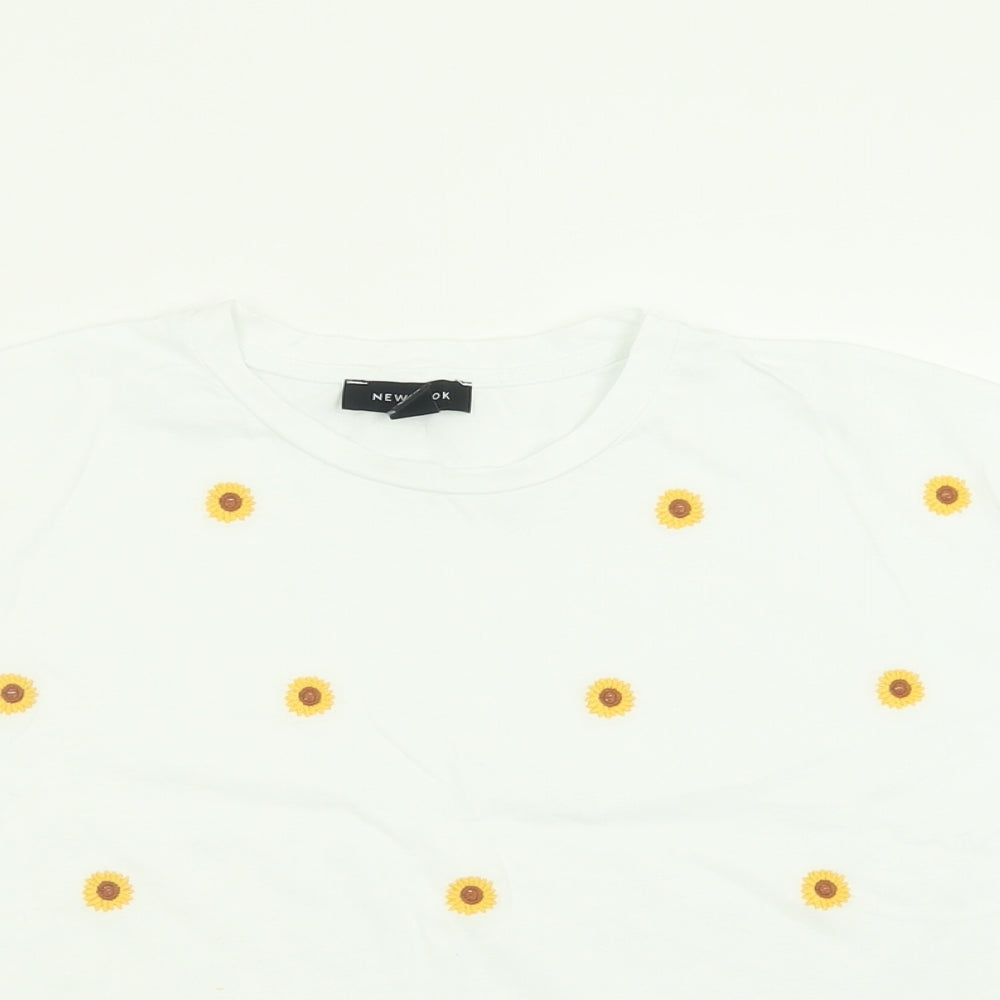 New Look Womens White Floral Cotton Cropped T-Shirt Size 12 Crew Neck