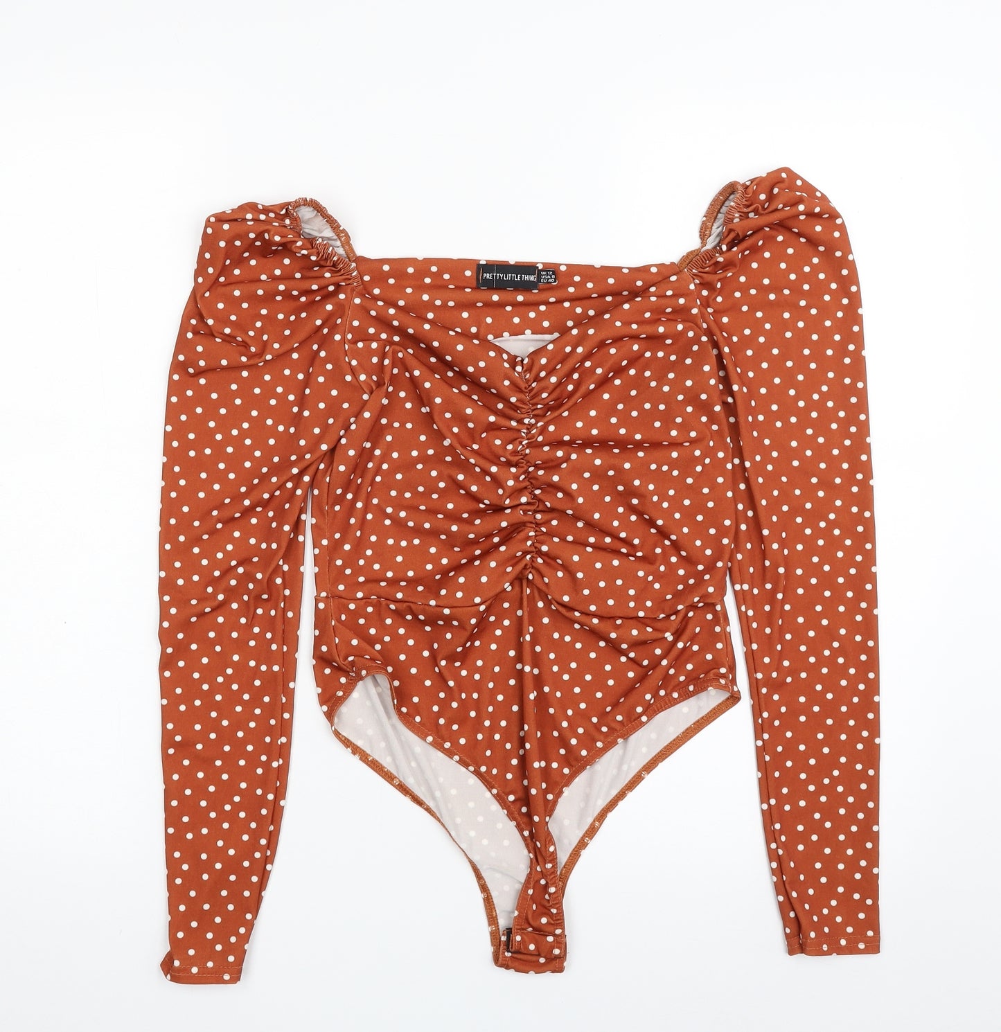 PRETTYLITTLETHING Womens Brown Polka Dot Polyester Bodysuit One-Piece Size 12  Snap - Item Length -25in