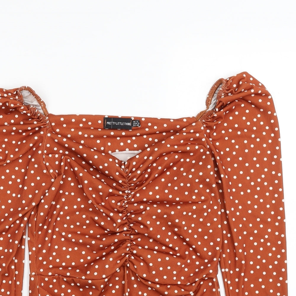 PRETTYLITTLETHING Womens Brown Polka Dot Polyester Bodysuit One-Piece Size 12  Snap - Item Length -25in