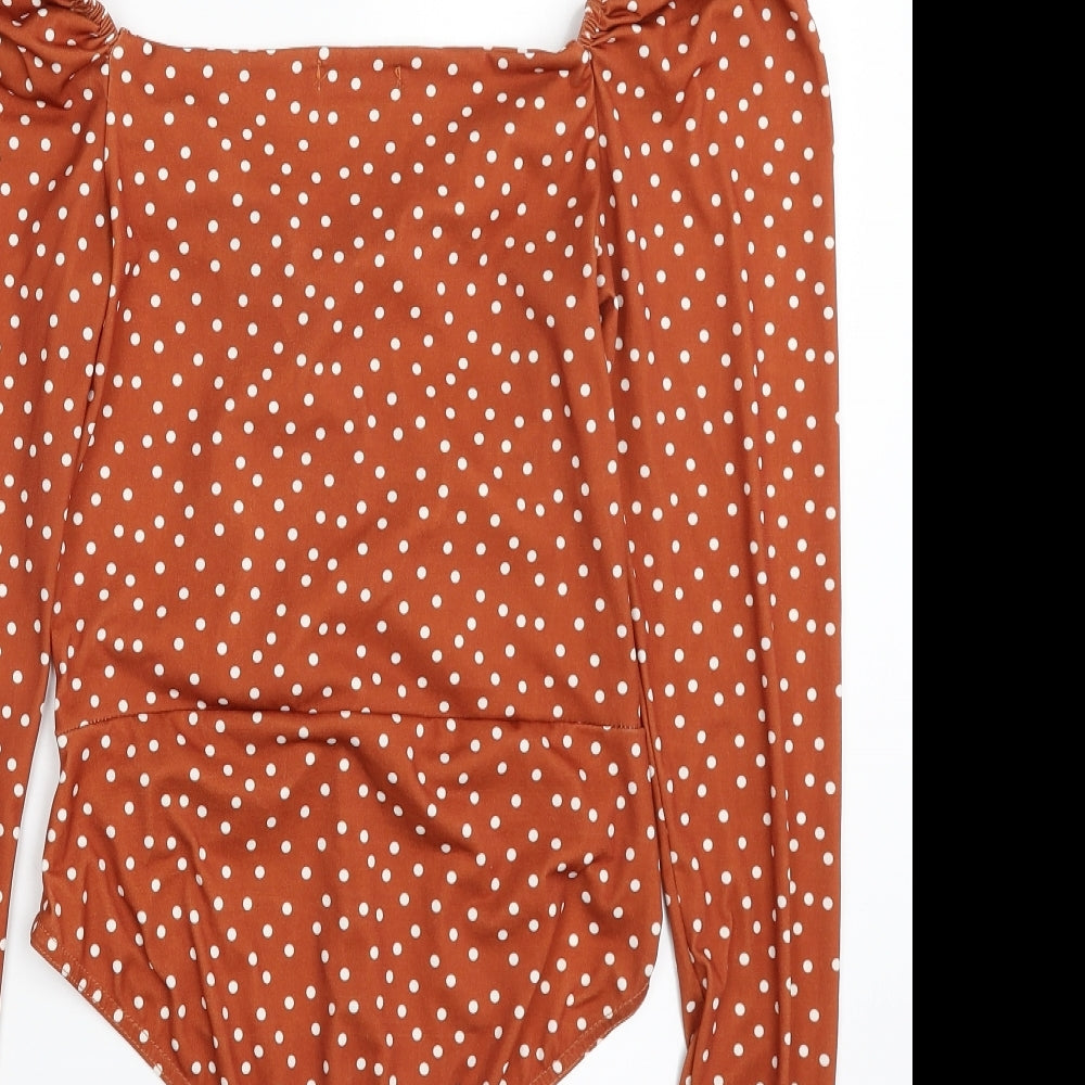 PRETTYLITTLETHING Womens Brown Polka Dot Polyester Bodysuit One-Piece Size 12  Snap - Item Length -25in