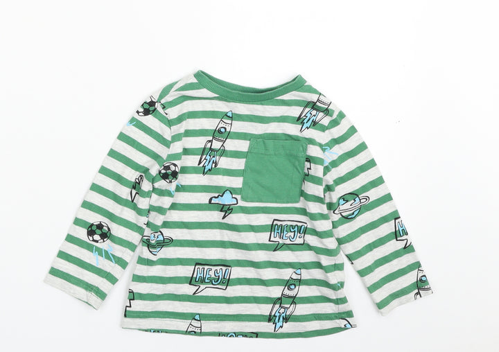 F&F Boys Green Striped Cotton Pullover T-Shirt Size 12-18 Months Crew Neck Pullover - Football