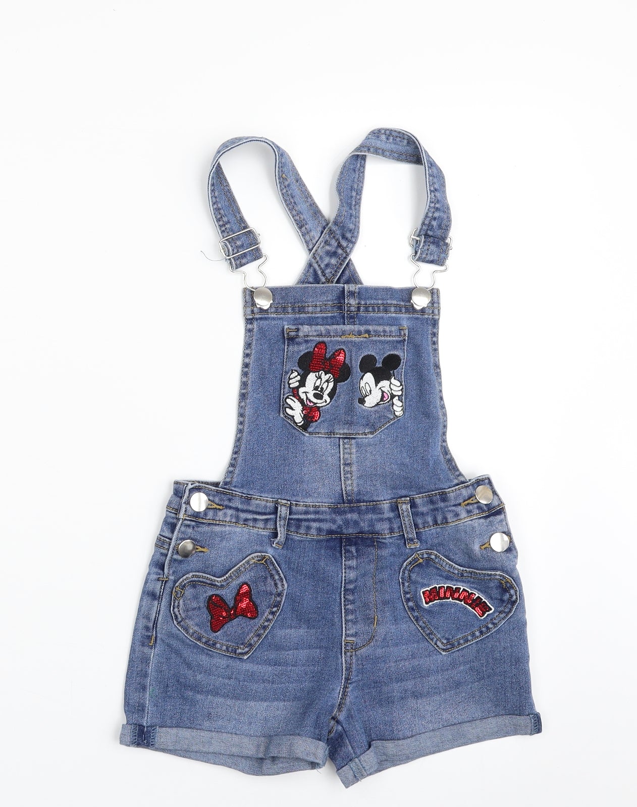 Primark Girls Blue  Cotton Pinafore/Dungaree Dress  Size 6-7 Years  Square Neck  - Minnie Mouse