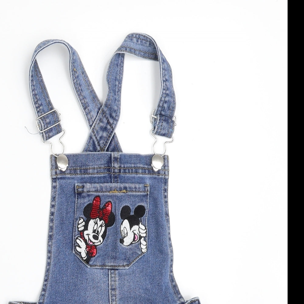 Primark Girls Blue  Cotton Pinafore/Dungaree Dress  Size 6-7 Years  Square Neck  - Minnie Mouse