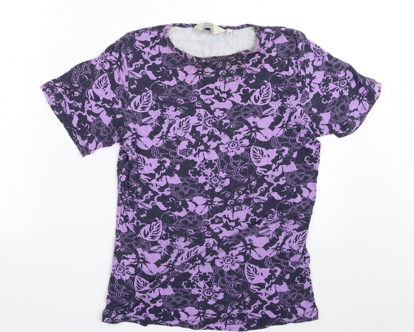 Honor Millburn Womens Purple Floral Viscose Basic T-Shirt Size 10 Crew Neck