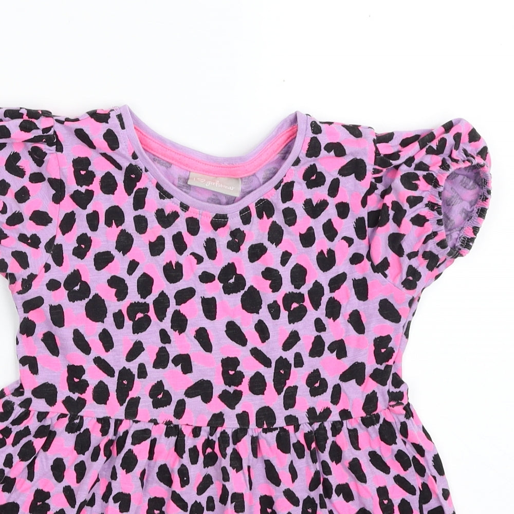 Matalan Girls Purple Animal Print 100% Cotton T-Shirt Dress  Size 4 Years  Scoop Neck Pullover