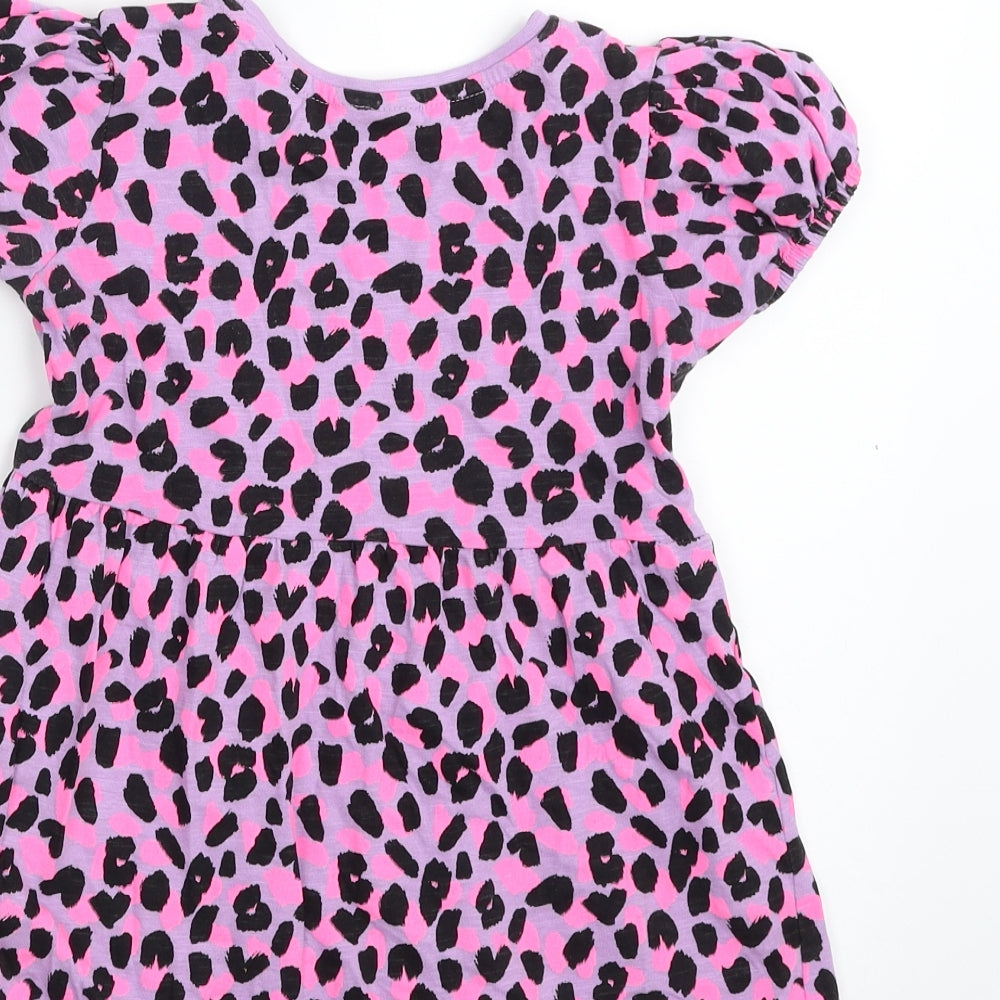 Matalan Girls Purple Animal Print 100% Cotton T-Shirt Dress  Size 4 Years  Scoop Neck Pullover