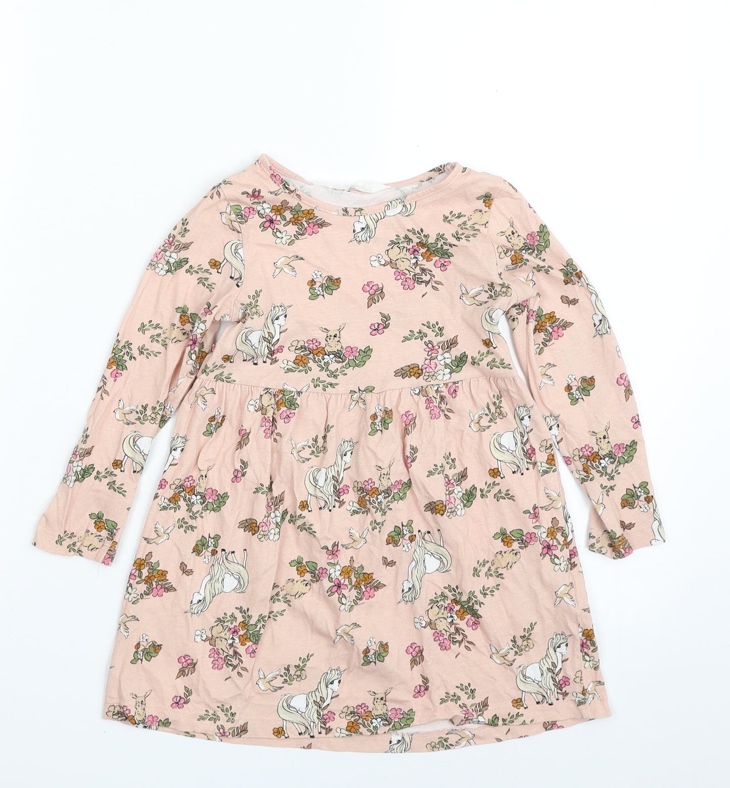 H&M Girls Pink Floral 100% Cotton Shirt Dress  Size 2-3 Years  Crew Neck Pullover - Unicorn