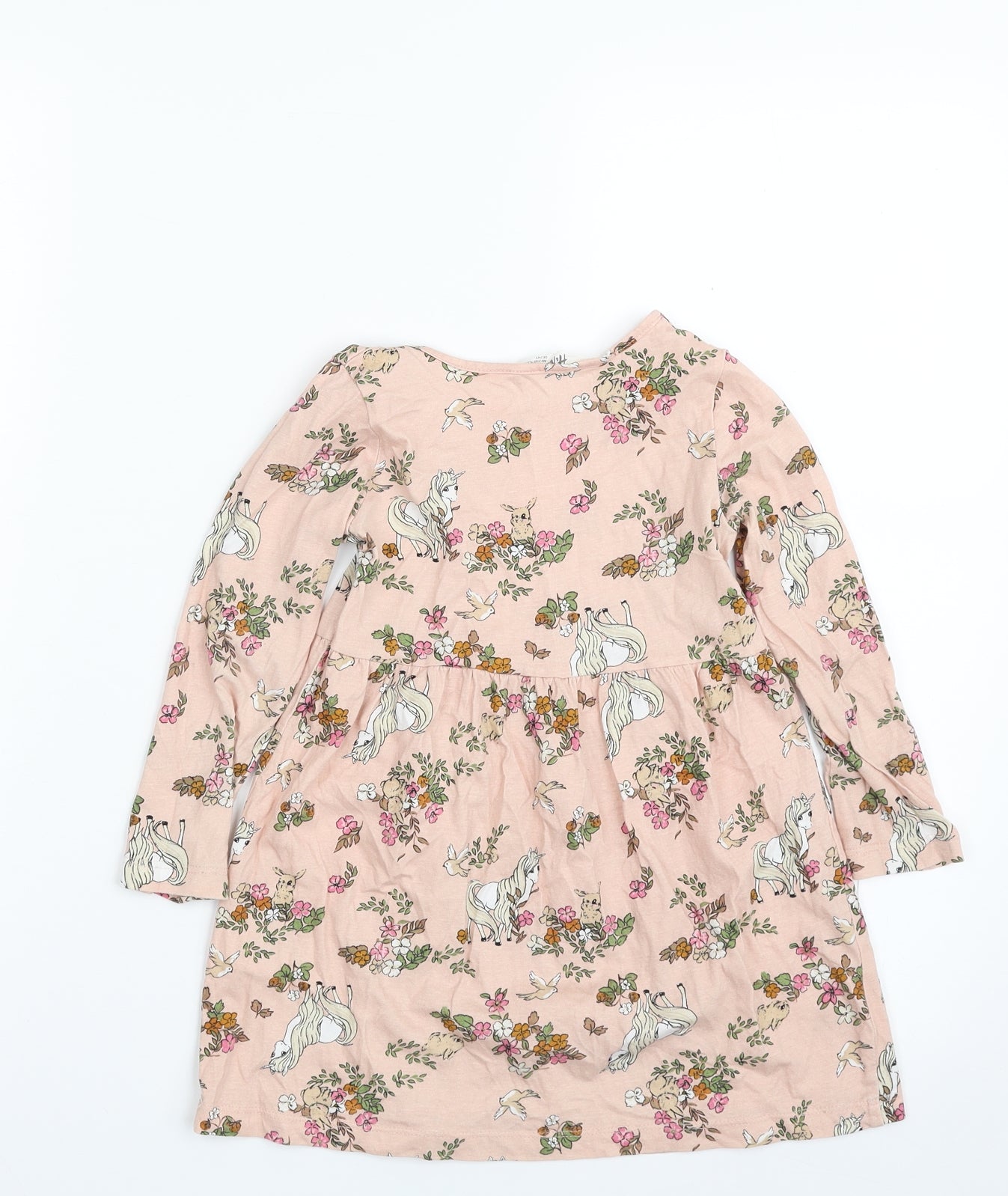 H&M Girls Pink Floral 100% Cotton Shirt Dress  Size 2-3 Years  Crew Neck Pullover - Unicorn