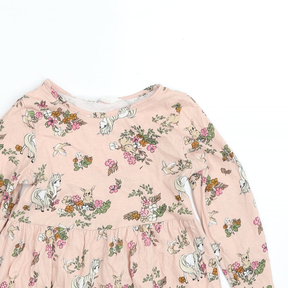 H&M Girls Pink Floral 100% Cotton Shirt Dress  Size 2-3 Years  Crew Neck Pullover - Unicorn