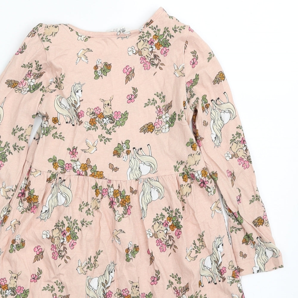 H&M Girls Pink Floral 100% Cotton Shirt Dress  Size 2-3 Years  Crew Neck Pullover - Unicorn