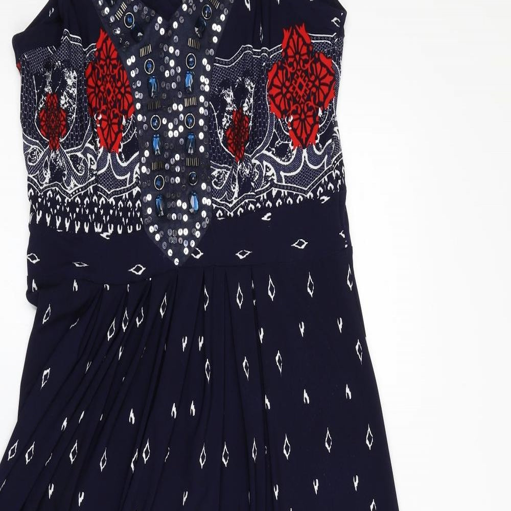 Klass Womens Blue Geometric Polyester Fit & Flare  Size 12  V-Neck Zip