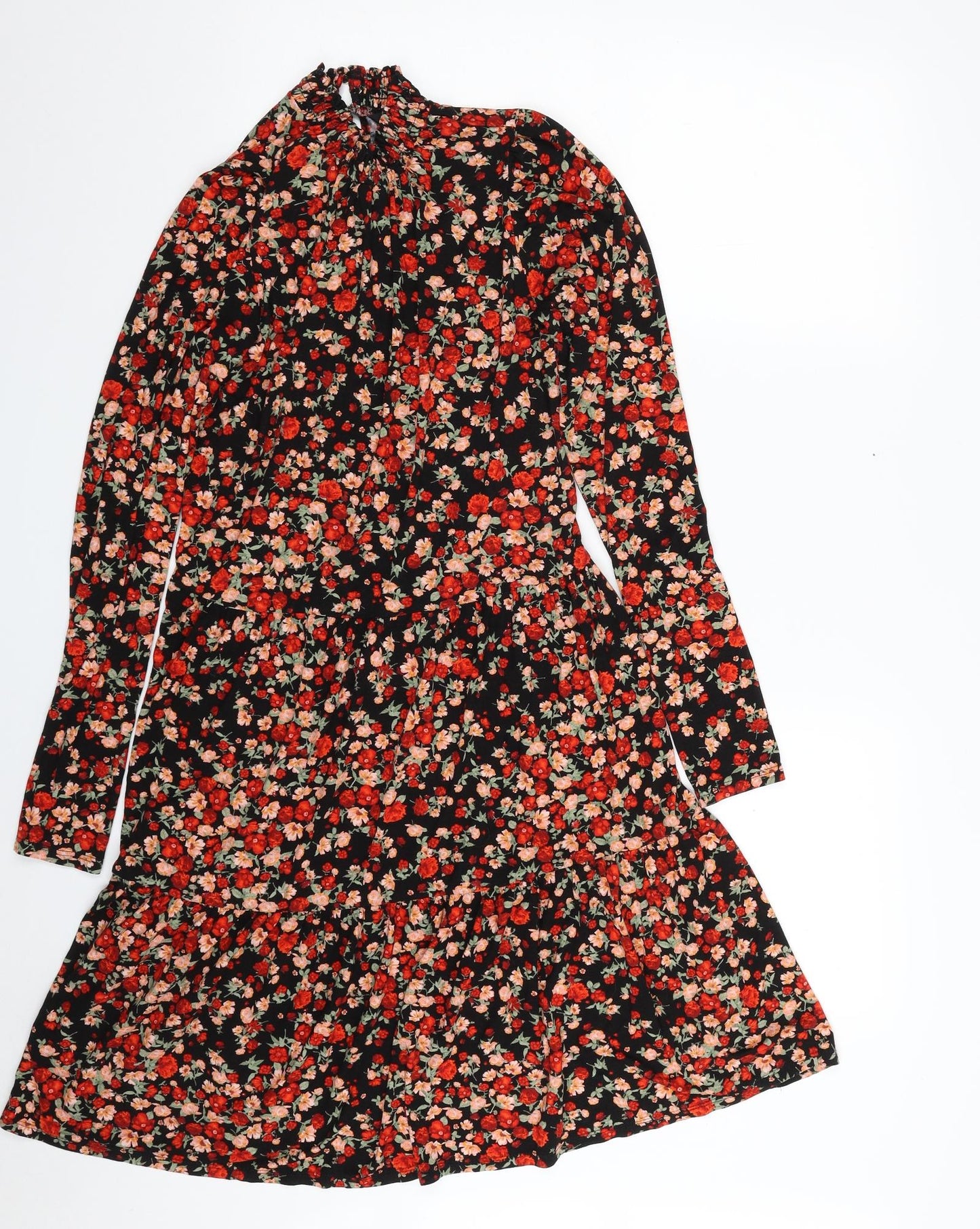 F&F Womens Black Floral Viscose Fit & Flare  Size 8  Round Neck Button