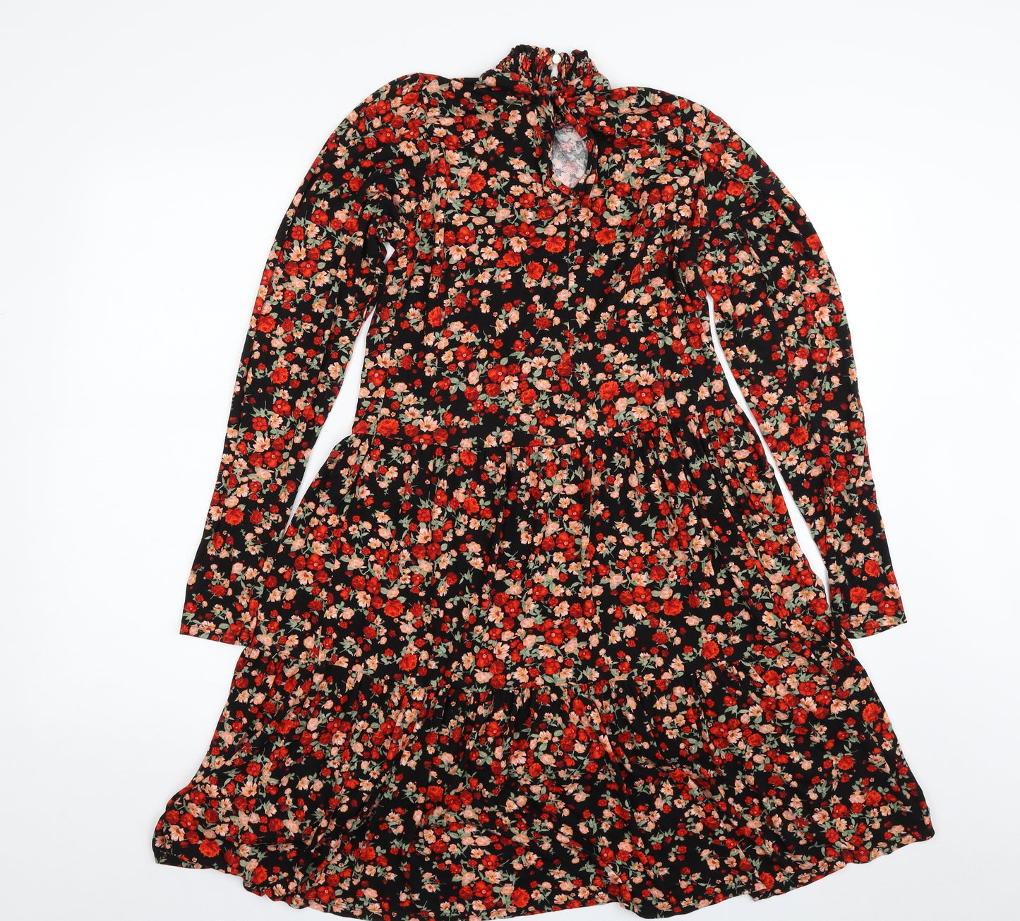 F&F Womens Black Floral Viscose Fit & Flare  Size 8  Round Neck Button