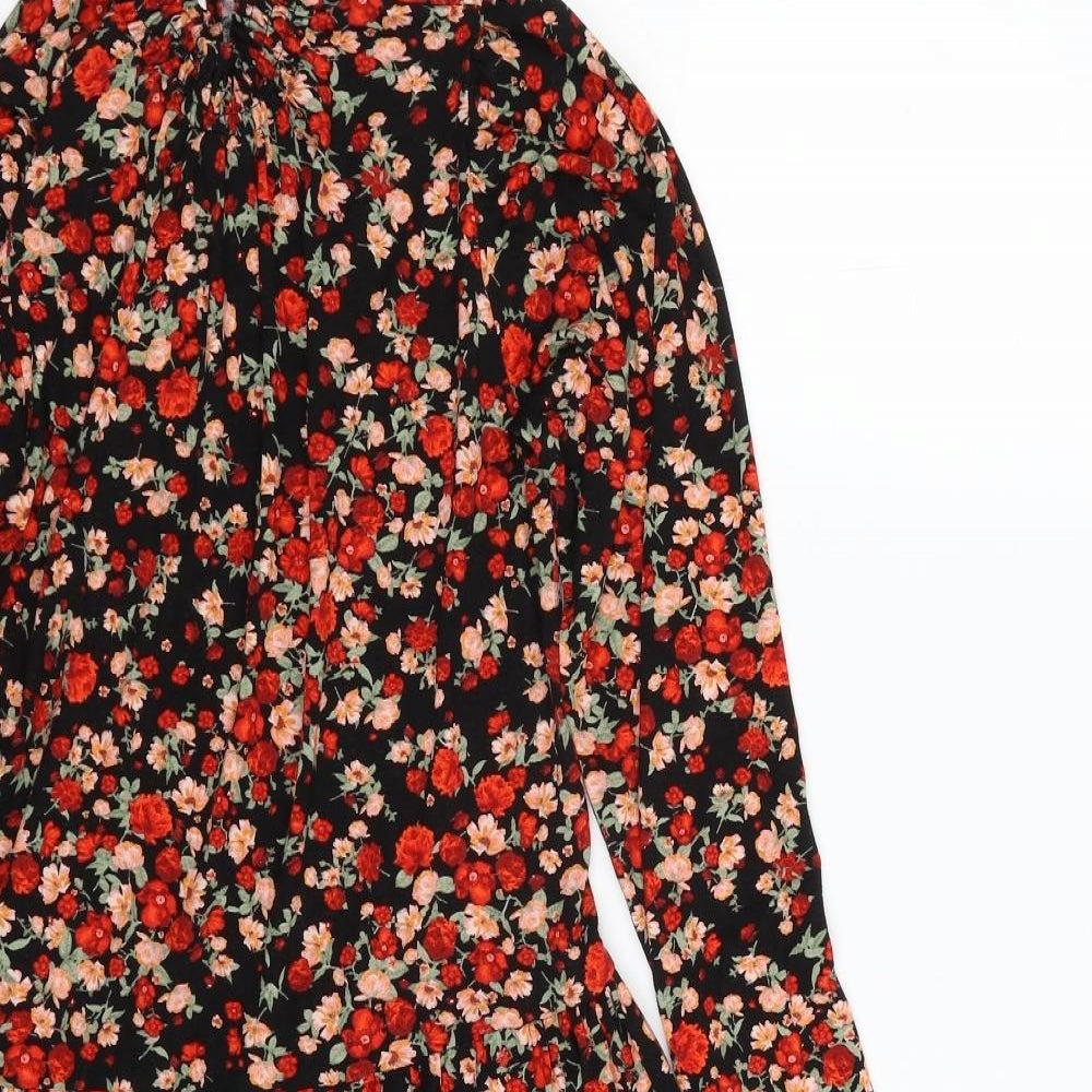 F&F Womens Black Floral Viscose Fit & Flare  Size 8  Round Neck Button