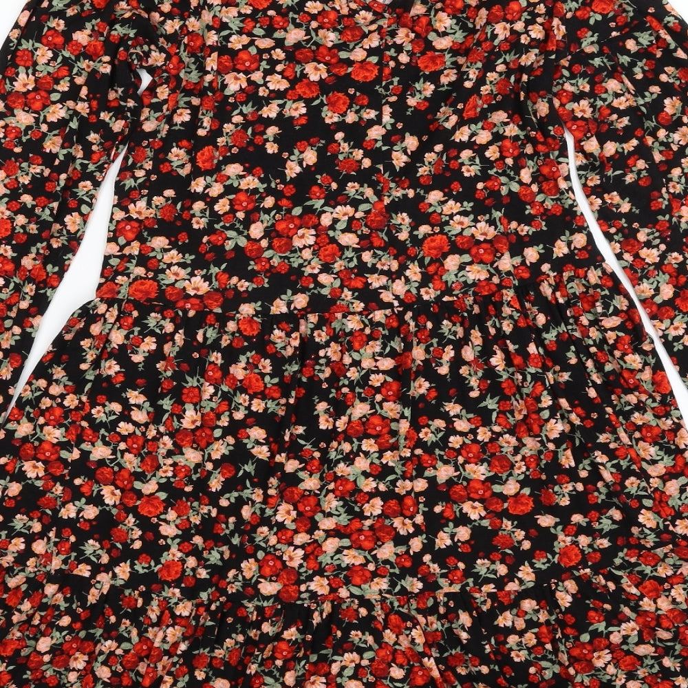 F&F Womens Black Floral Viscose Fit & Flare  Size 8  Round Neck Button