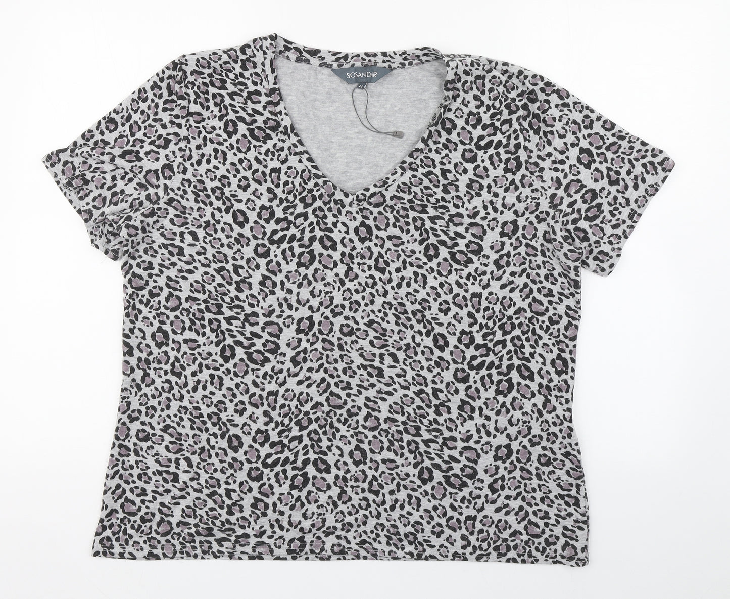 Sosandar Womens Grey Animal Print Polyester Basic T-Shirt Size 16 V-Neck