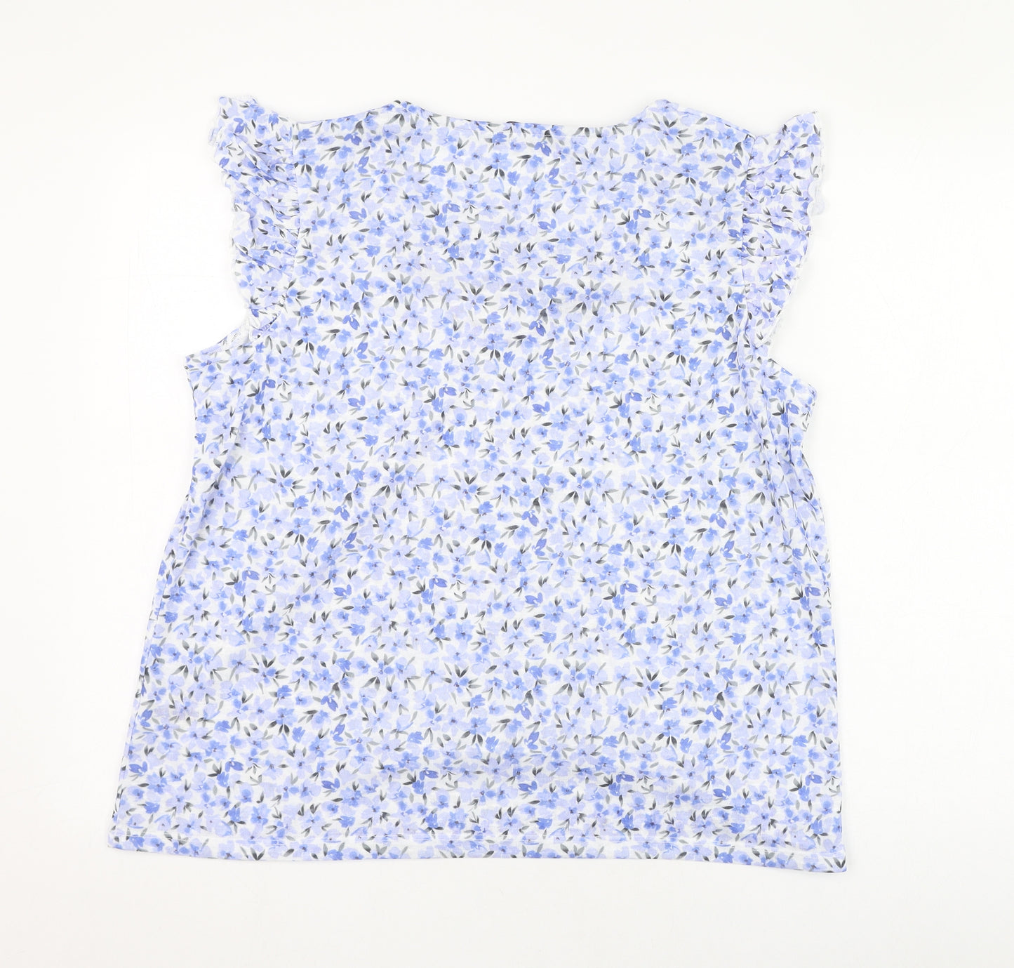 Dunnes Stores Womens Blue Floral Polyester Basic Blouse Size L V-Neck