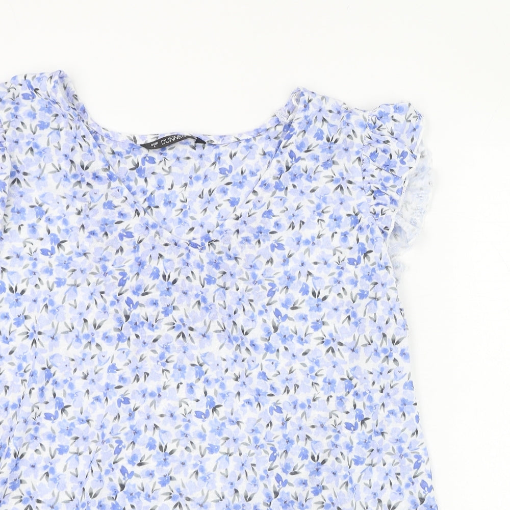 Dunnes Stores Womens Blue Floral Polyester Basic Blouse Size L V-Neck