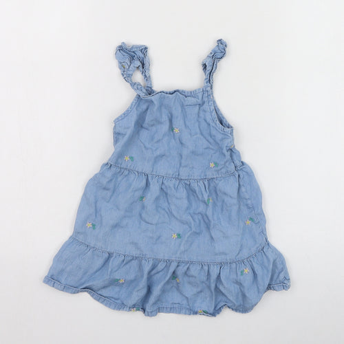Primark Girls Blue  Lyocell Skater Dress  Size 24 Months  Square Neck Pullover - Flower