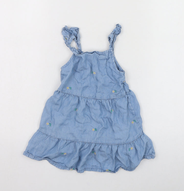 Primark Girls Blue Lyocell Skater Dress Size 24 Months Square Neck Pullover - Flower