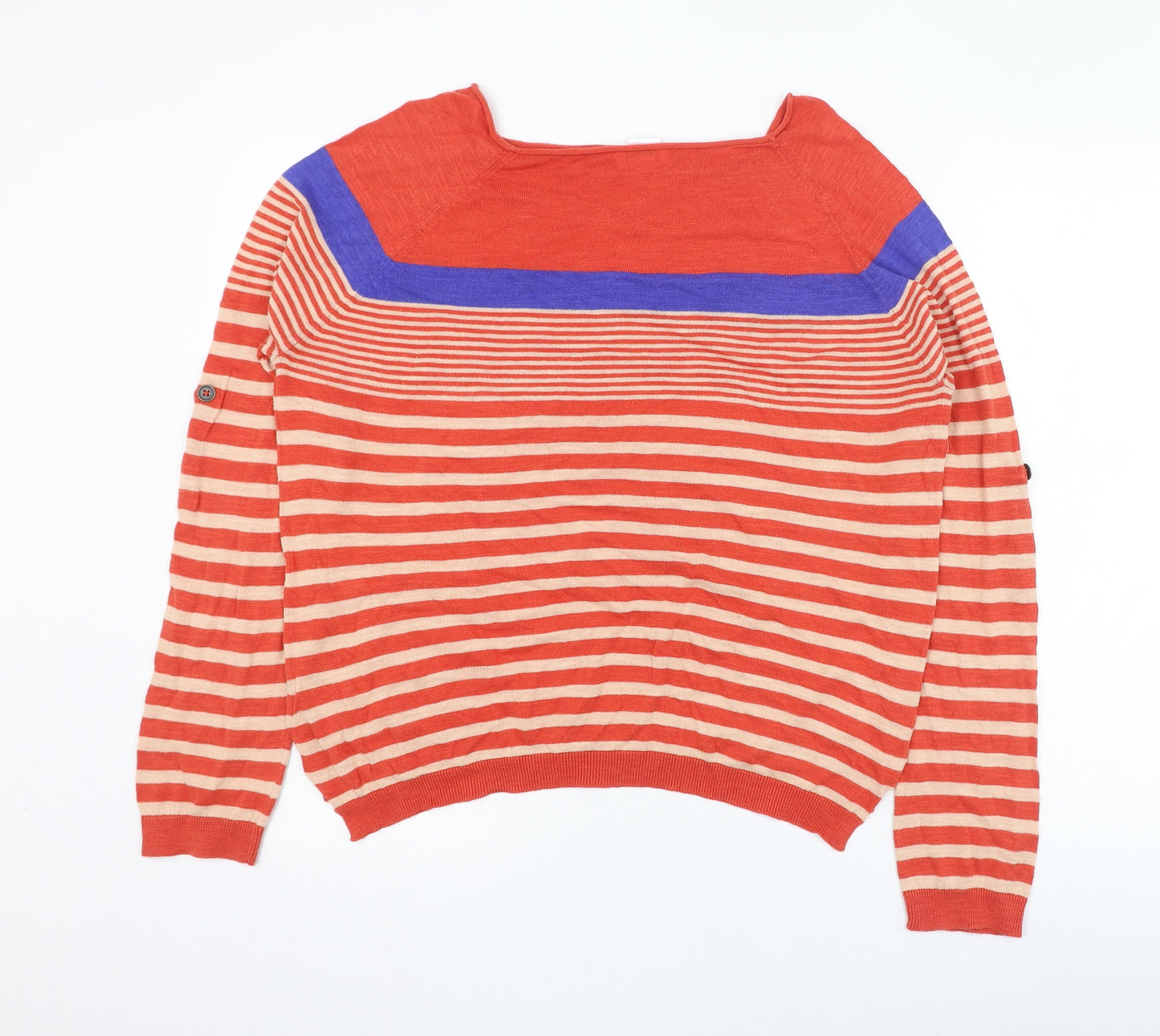 La Redoute Womens Orange Round Neck Striped Cotton Pullover Jumper Size 14