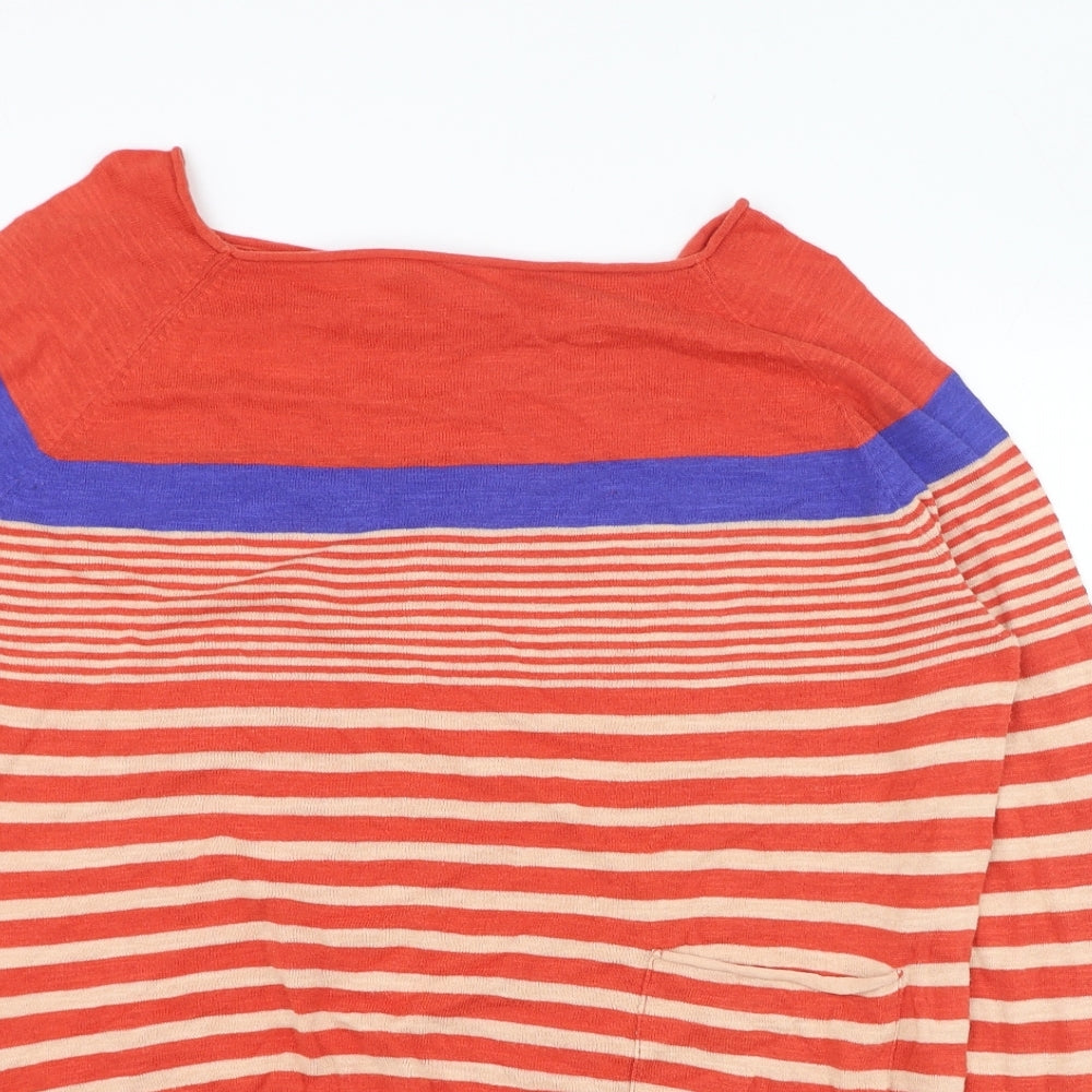 La Redoute Womens Orange Round Neck Striped Cotton Pullover Jumper Size 14