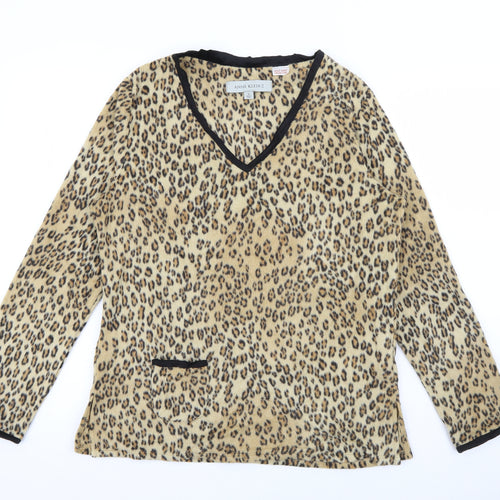 Anne Klein 2 Womens Beige V-Neck Animal Print Polyester Pullover Jumper Size M