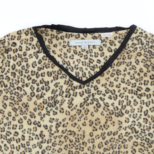 Anne Klein 2 Womens Beige V-Neck Animal Print Polyester Pullover Jumper Size M
