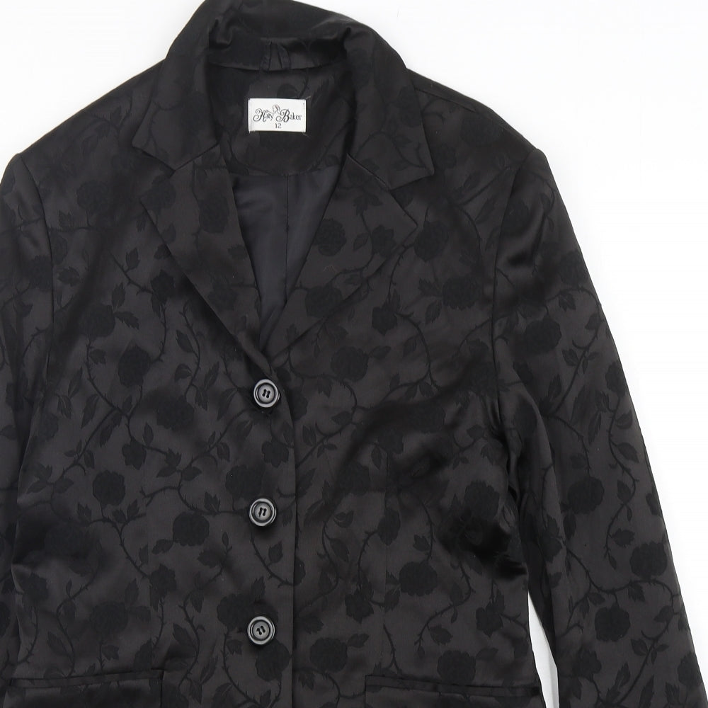 Katy Baker Womens Black Floral Polyester Jacket Suit Jacket Size 12