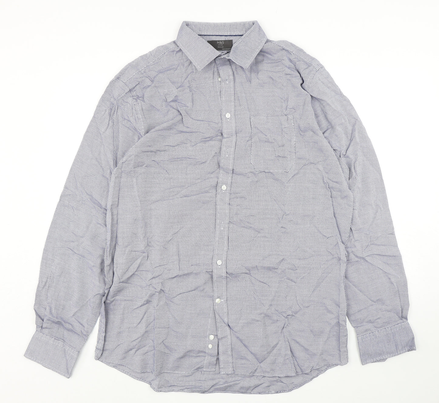 Marks and Spencer Mens Blue Geometric Cotton  Dress Shirt Size 17 Collared Button