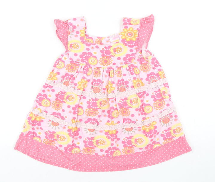 Cherokee Girls Pink Floral Cotton A-Line Size 12-18 Months Square Neck