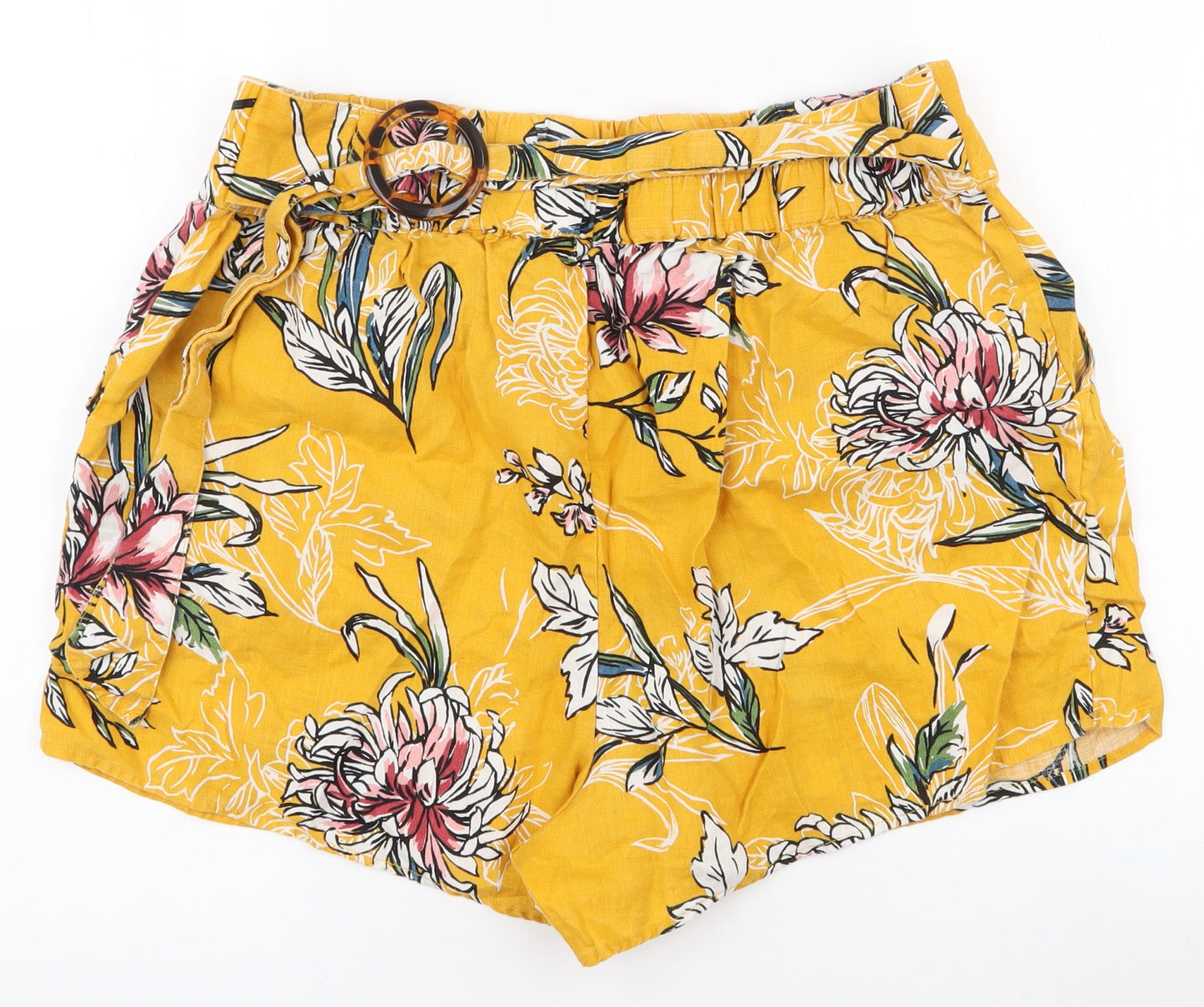 TU Womens Yellow Floral Linen Paperbag Shorts Size 16 L3 in Regular Pull On