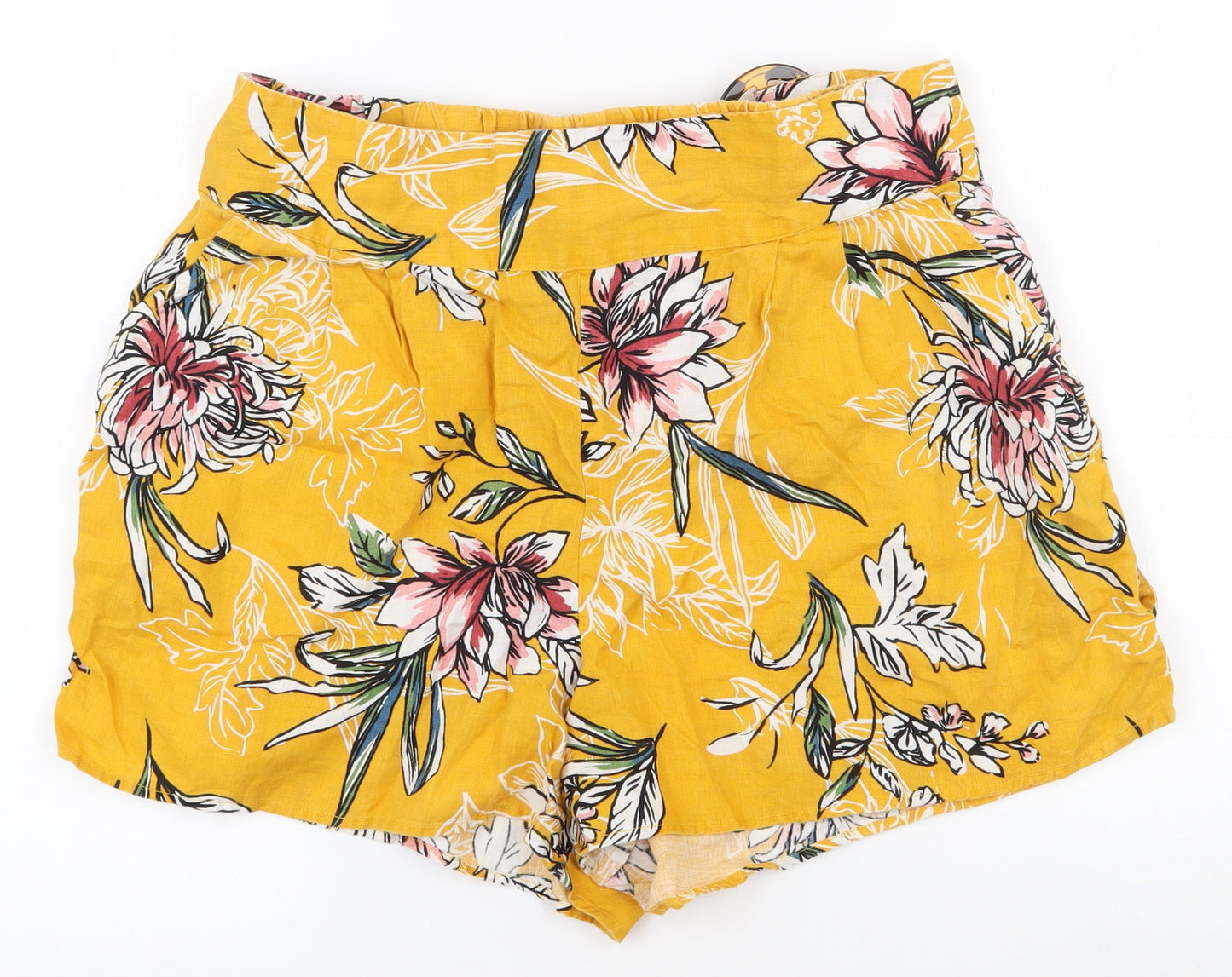 TU Womens Yellow Floral Linen Paperbag Shorts Size 16 L3 in Regular Pull On