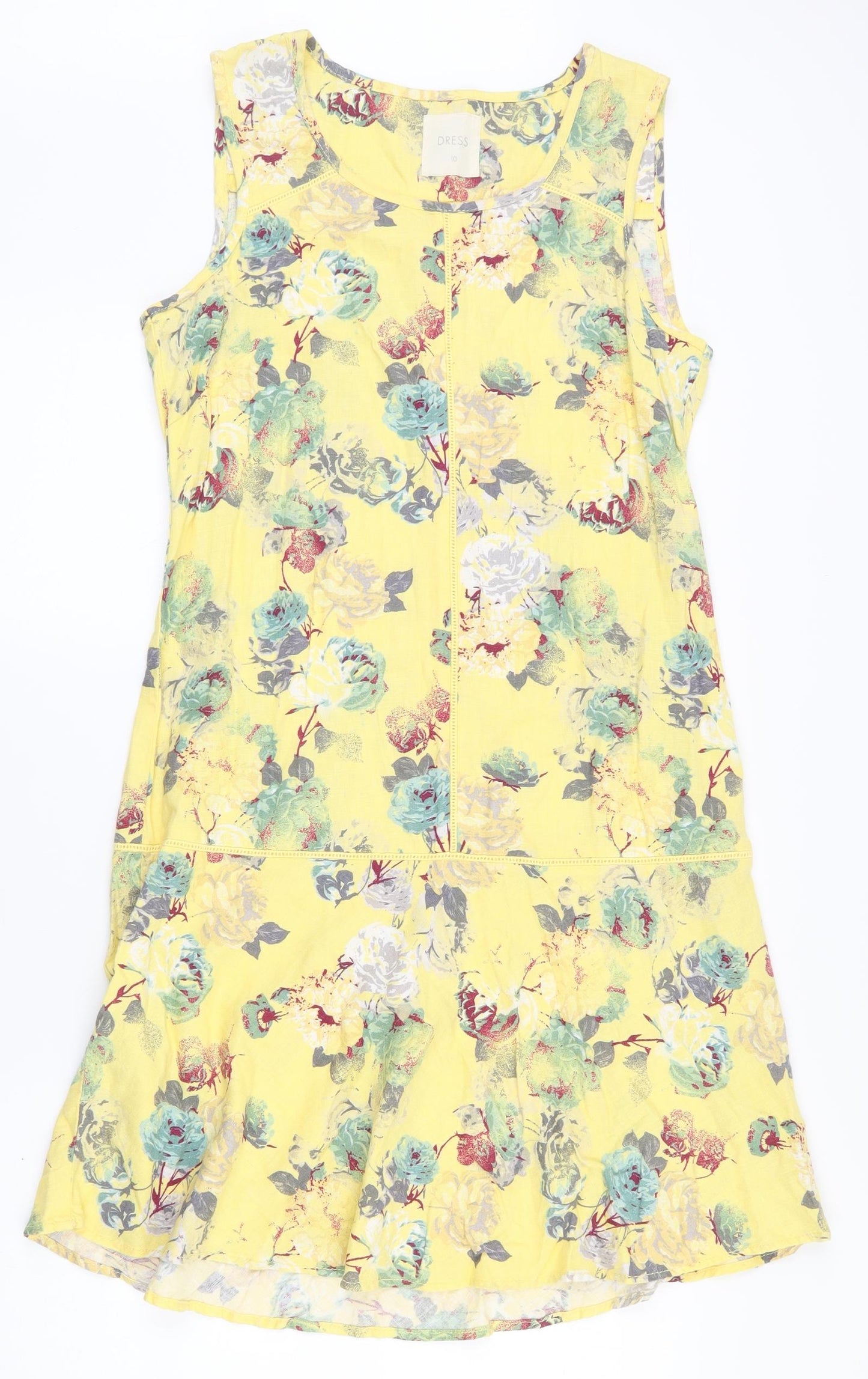 NEXT Womens Yellow Floral Linen Fit & Flare  Size 10  Scoop Neck Pullover